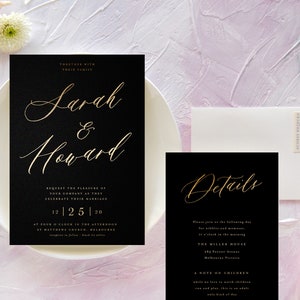 Black Wedding Invitation Suite, Real Gold Foil, Wedding Invitation, Wedding Invite, Calligraphy, Rustic, Simple Clean Invitation, Odyssey