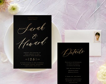 Black Wedding Invitation Suite, Real Gold Foil, Wedding Invitation, Wedding Invite, Calligraphy, Rustic, Simple Clean Invitation, Odyssey