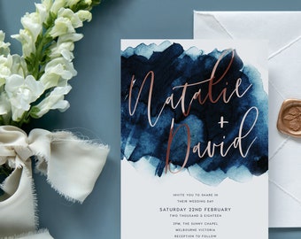 Navy Wedding Invitation Suite, Rose Gold Invites, Indigo Wedding, Wedding Invite, Dark Blue, Watercolour, Calligraphy, Australia - Claret