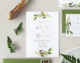 Greenery Wedding Invitation Suite, Gold Foil, Wreath Wedding Invitation, Wedding Invite, Watercolor Invite, Leaves, Foliage, Floral - Laurel