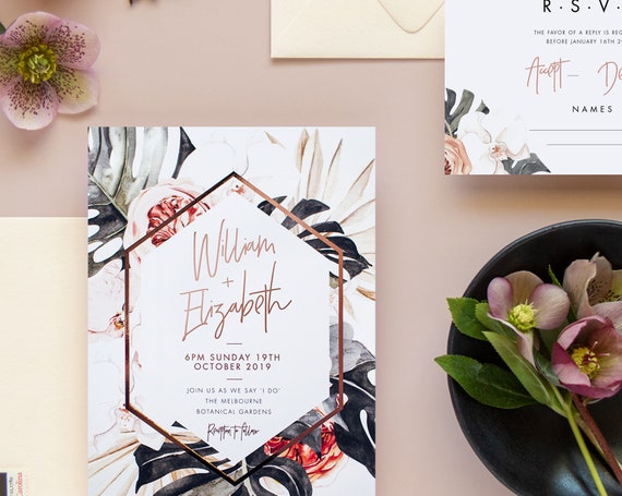 Desert Wedding Invitation Suite, Real Copper Foil Wedding Invitation, Rose Gold Foil, Summer Wedding, Dried Palms, Monstera, Orange - Sahara