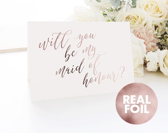 Rose Gold Foil Will You Be My Maid of Honour Card | 5x7" Size with a Kraft Brown Envelope, I can't say I do without you calligraphy, bridal