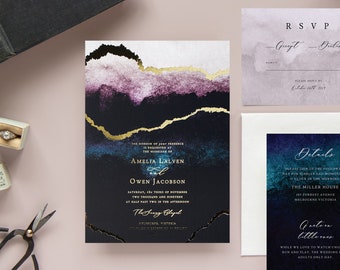 Gold Foil Wedding Invitation Suite, Gold Veins Wedding Invitation, Moody, Modern wedding invite, Stone with foil, purple and blue - Agate