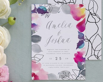 Colourful Wedding Invitation Suite, Modern Wedding Invitation, Wedding Invite, Watercolor Invite, Rose Gold Foil, Ink, Watercolor - Anouk