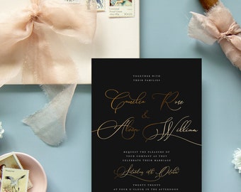 Black Wedding Invitation Suite, Real Gold Foil, Wedding Invitation, Wedding Invite, Calligraphy, Rustic, Simple Clean Invitation, Fabienne
