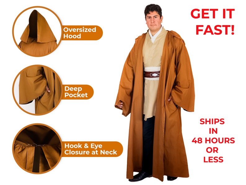 Jedi Style Robe with Oversized Hood & Pockets, Star Wars Cosplay Multi-Character use Cloak - Jedi, Jawa, Obi-Wan Kenobi, Lord Fantasy Rey 