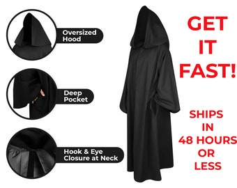 Black Robe with Oversized Hood & Pockets, Cosplay  Multi-Character Cloak, Grim Reaper, Plague Doctor, Witch, Wizard, Warlock, Vampire