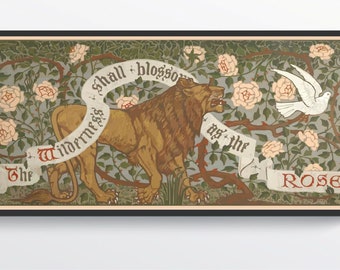 The Wilderness Shall Blossom as the Rose inspired Minimalist Art nouveau painting Walter Crane Art Crafts, Lion art print Enchanted forest