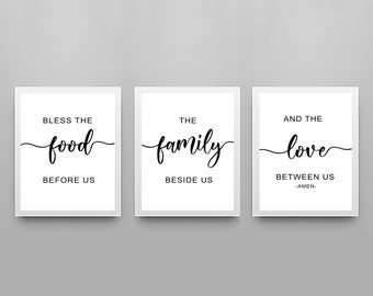 Set de 3 Bendice la comida antes que nosotros pared arte impresiones, verso de la Biblia imprime arte minimalista cartel de calidad comedor cocina home pictures