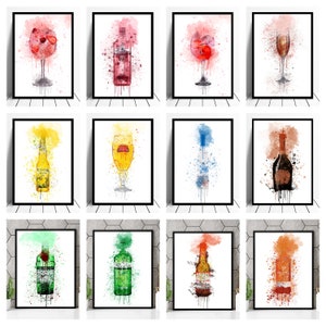 Alcohol Watercolour Quote Print Beer Gin Champagne Prosecco Martini Vodka Bottle Glass Picture Kitchen Wall Art Framed Option