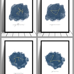 Puede incluir: Cuatro impresiones de arte imprimibles con ilustraciones de acuarela de las constelaciones de Sagitario, Capricornio, Acuario y Piscis. Cada constelaci&oacute;n est&aacute; delineada en oro y sobre un fondo azul de acuarela.