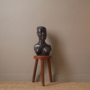 Wooden bust sculpture African art handcrafted ethnic decoration tribal object woman face head