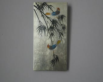Japanese decorative frame vintage wall decoration birds bamboo leaves hand painted decor