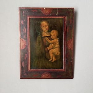 Antique painting of the Virgin and Child painted wood old religious object
