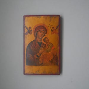 Holzgemälde der Jungfrau und des Kindes, orthodoxe Wandtafel, altes religiöses Objekt, religiöse Ikone