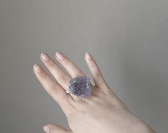 Bague artisanale métal argenté améthyste