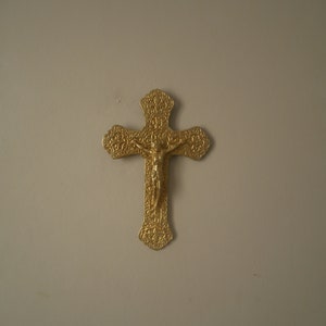 Gold-plated metal crucifix, antique cross, religious object, antique collection, baroque countryside decoration