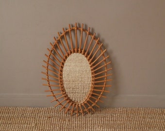 Miroir asymétrique en rotin osier bambou vintage années 70 objet fait main made in France esprit campagne scandinave