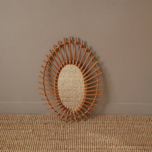 Miroir asymétrique en rotin osier bambou vintage années 70 objet fait main made in France esprit campagne scandinave