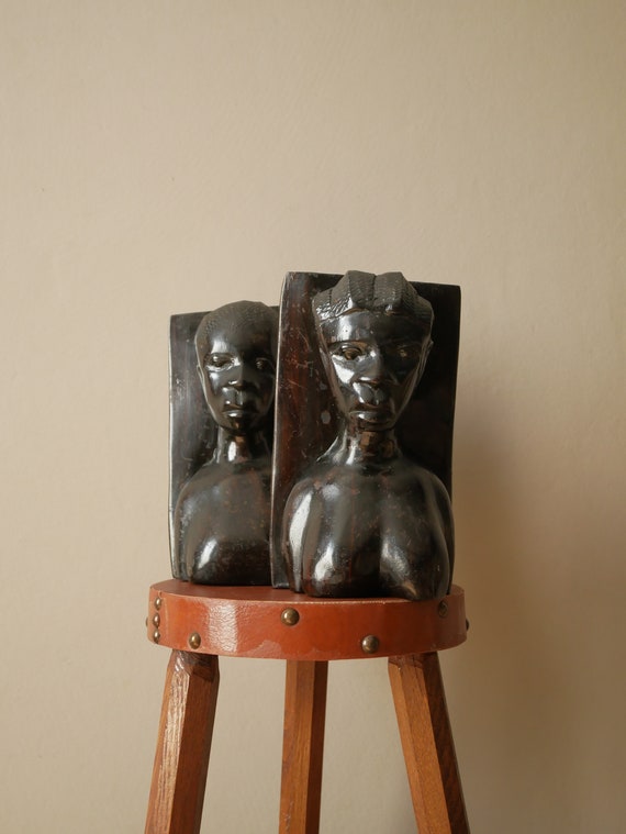 Serre-livres Artisanal Africain - Bois Massif - Couple Homme/Femme - Déco Rare