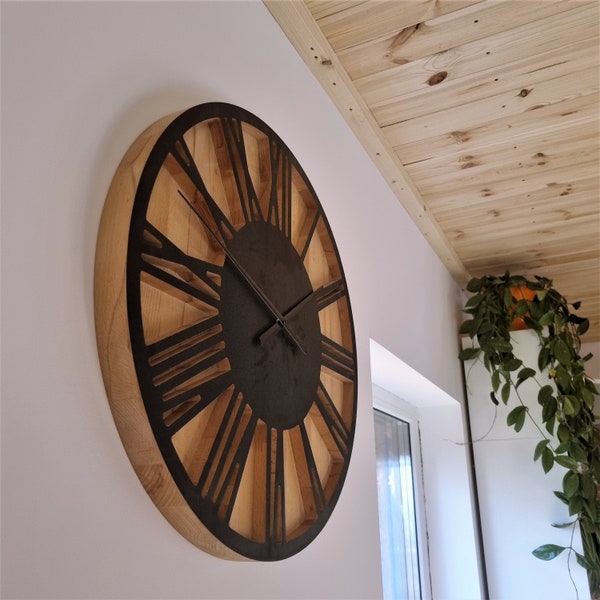 Horloge géante en bois, 55cm, bois massif, horloge murale, énorme, chiffres romains en bois, massif