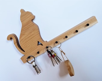 Porte-clés - chêne en bois avec un chat, un chat en bois, en bois, en bois massif, des accessoires de couloir en bois massif, pour un cadeau