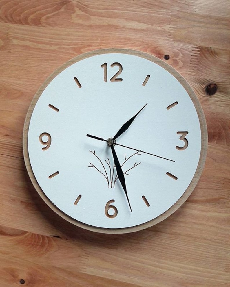 Zegar ścienny z litego drewna White, skandynawski, biały, drewniany zegar, zegar ścienny naturalny rustic boho zdjęcie 5