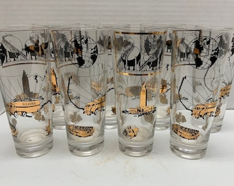 Mid-Century Modern, Gold, Barware, Glasses, Black, Globe, Set of 8, 1960's, MCM