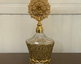 Ormolu, Perfume, Bottle, by, Globe, Vintage, Vanity, 24kt, Gold, Plated, Mid-Century, Stopper, Glass, Rod, 7.75" tall