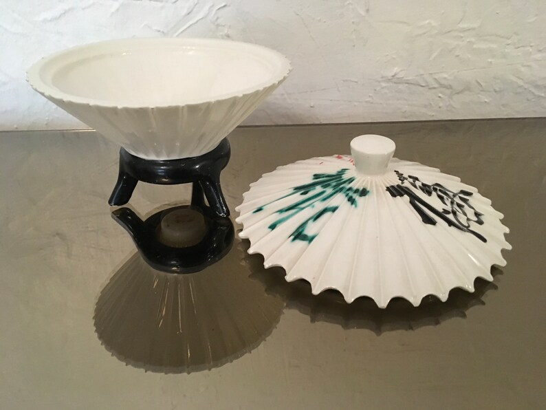 Vintage Enesco Oriental Umbrella Candy Dish in Black White with Red Green ceramic