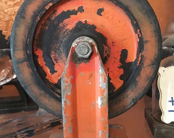 Antique. Caster, Cast Iron, 9.5", 8", 4.75", Orange. Industrial