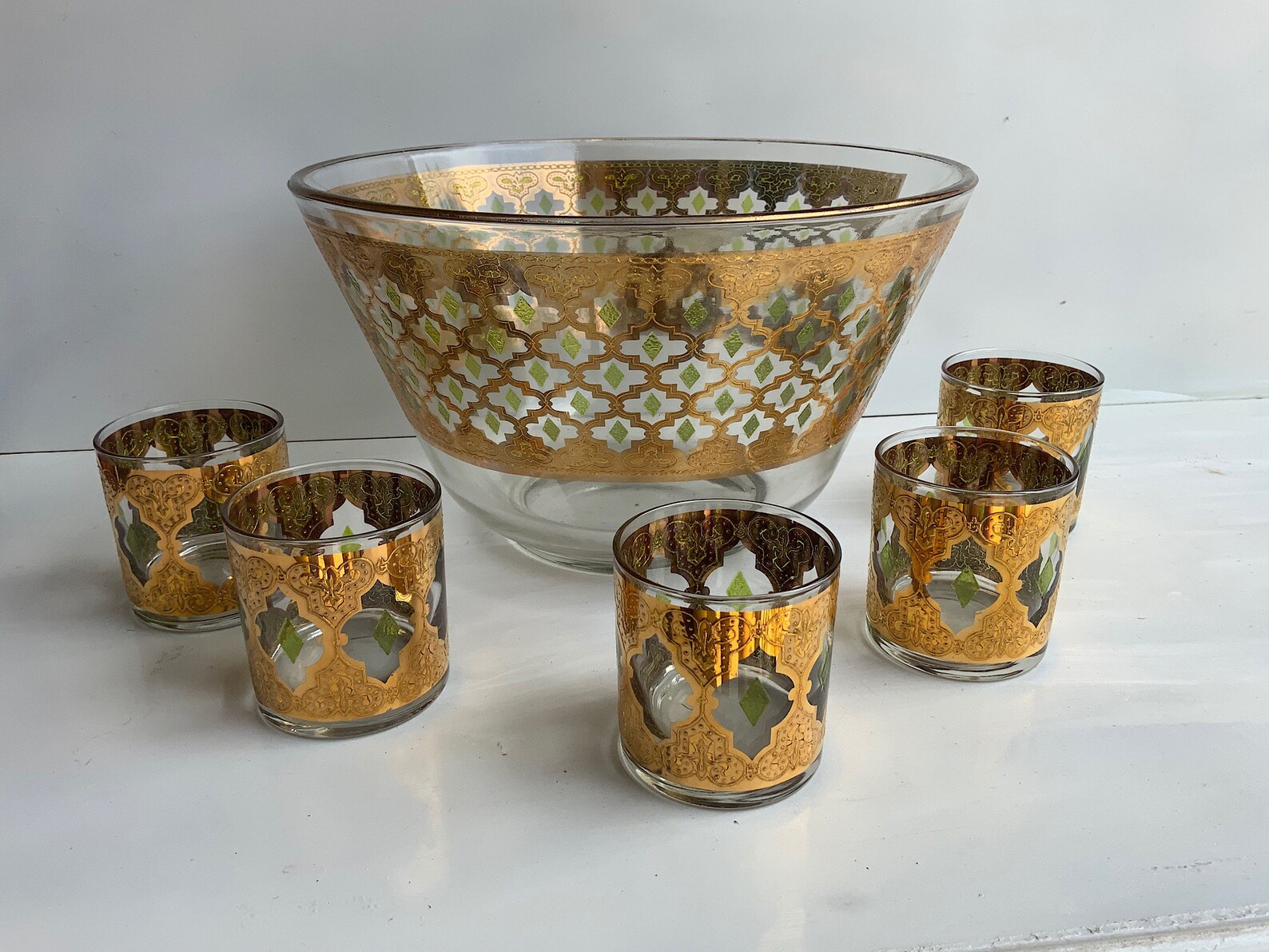 Culver Midcentury Glasses Punch Bowl Set Green Gold Etsy