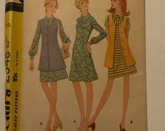 McCall's, 2548, Pattern, Sewing, Junior, Petite, Dress, and, Vest, Size, 13. 1970's, 1970