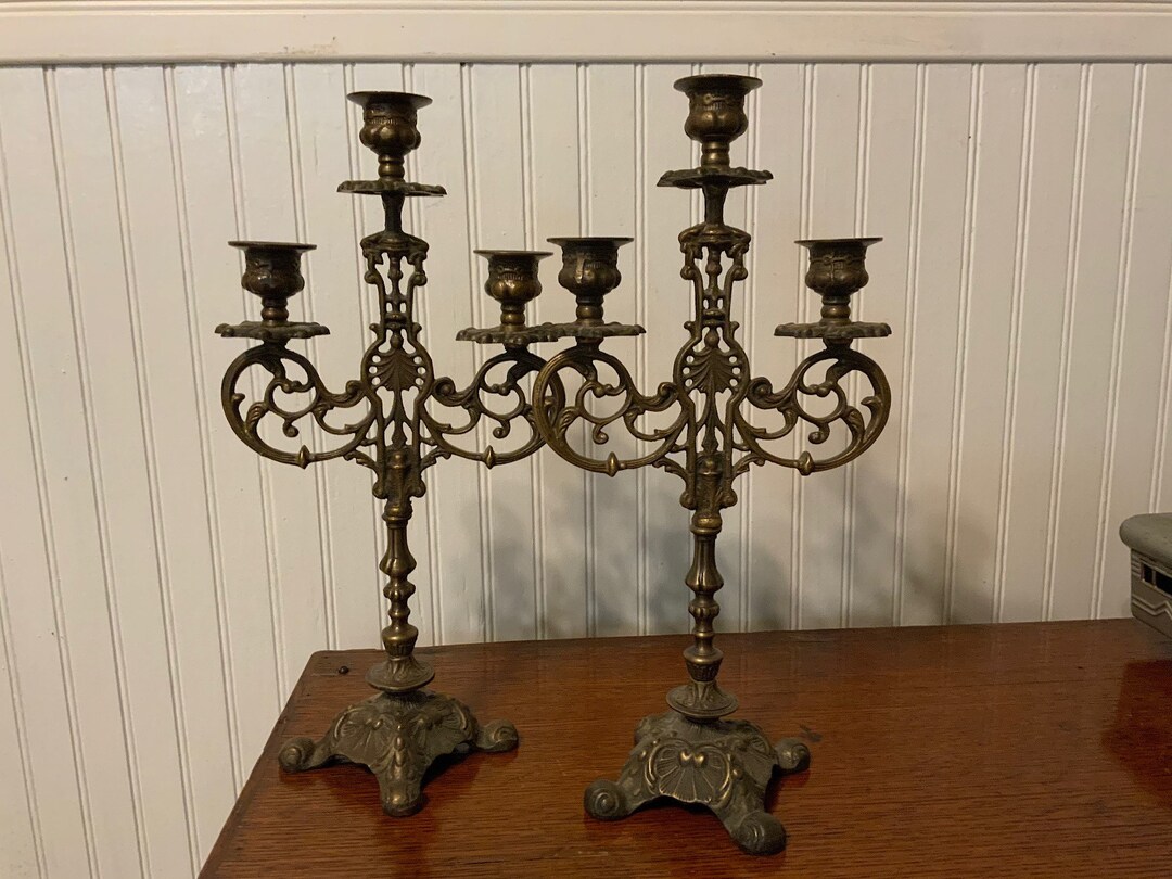 Antique Brass Candelabras Pair Heavy 3 Place Set of 2 Etsy