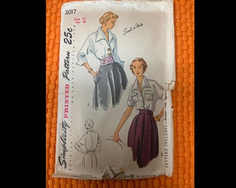 Vintage, Sewing, Pattern, Simplicity, 1950's, Blouses, No. 3017, Size 12, Misses, Womens, Cummerbund,