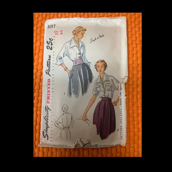 Vintage, Sewing, Pattern, Simplicity, 1950's, Blouses, No. 3017, Size 12, Misses, Womens, Cummerbund,