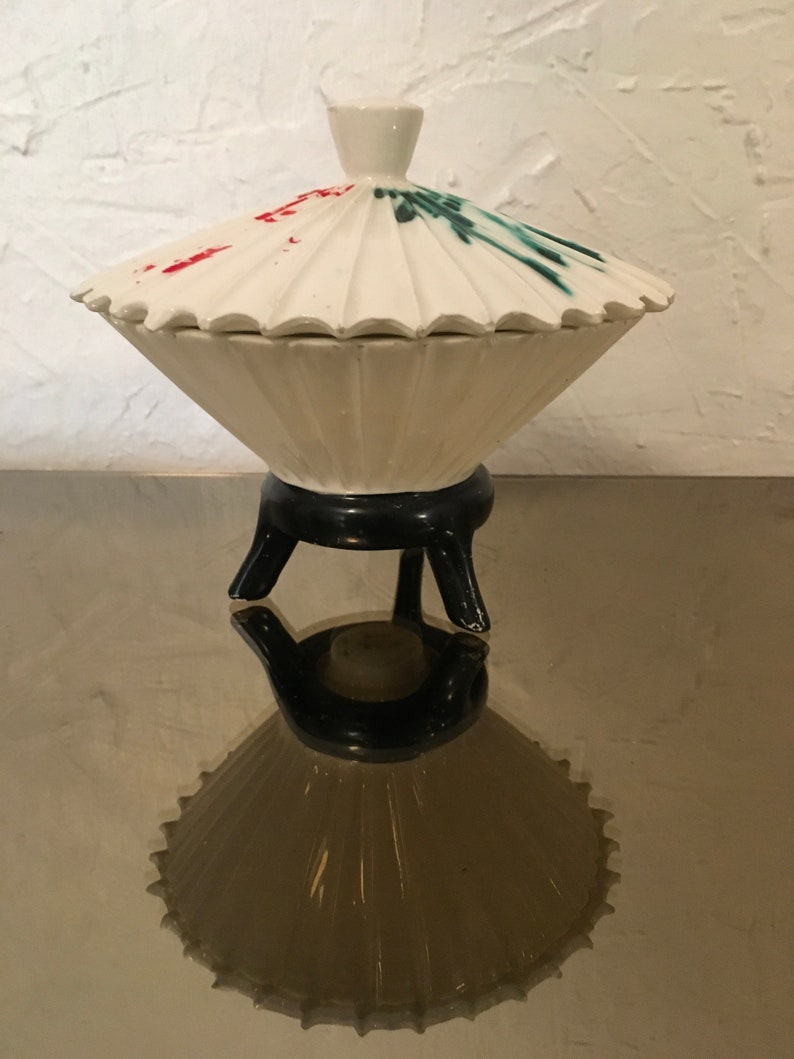 Vintage Enesco Oriental Umbrella Candy Dish in Black White with Red Green ceramic