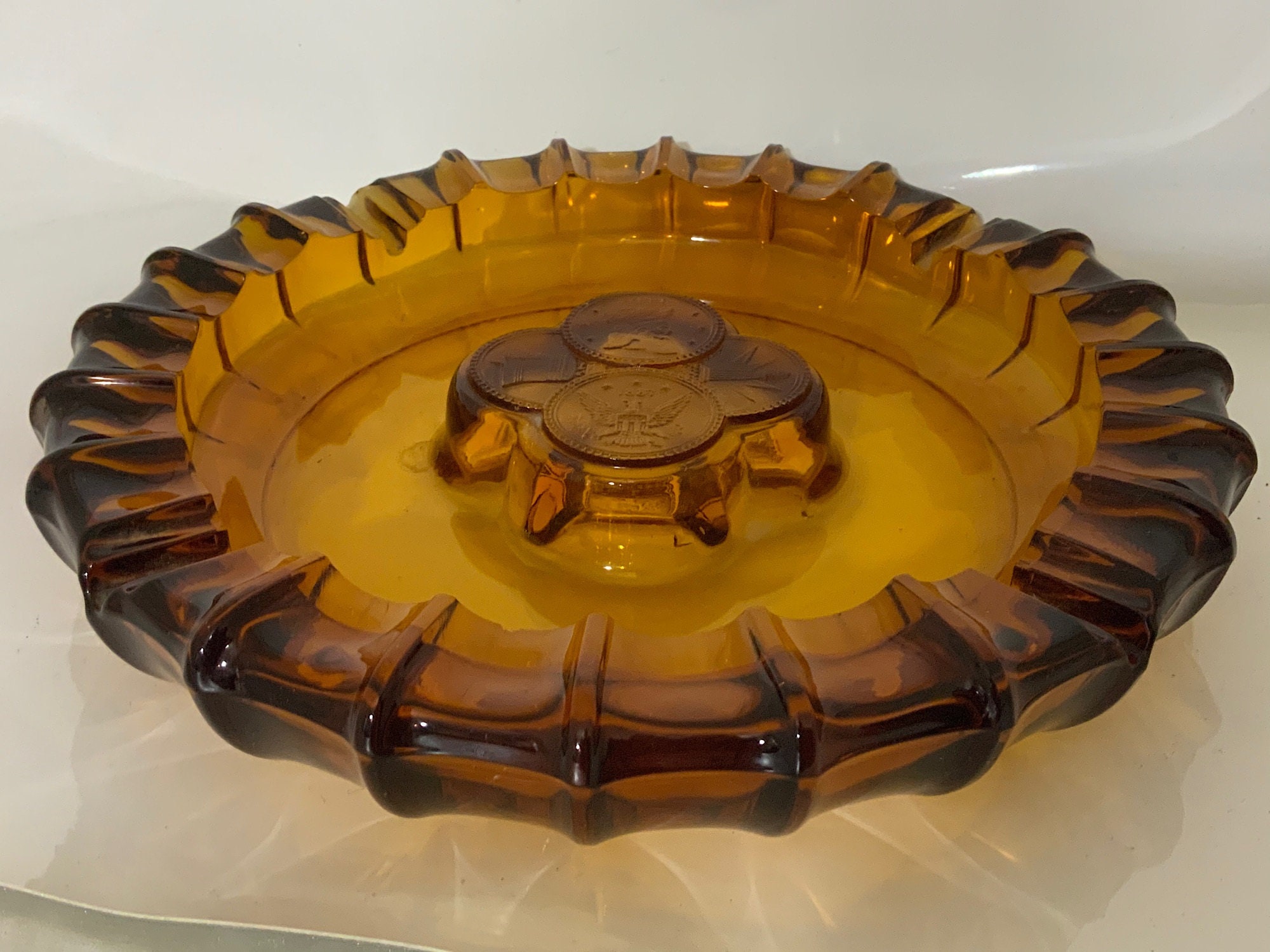 Fostoria Amber Double Ashtray Coins Vintage Glass Heavy Etsy