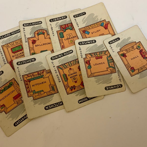 Clue, Cards, Rooms, Vintage, 1950's, 1960's, Actual Game Cards, Not Reproductions, Set of 6