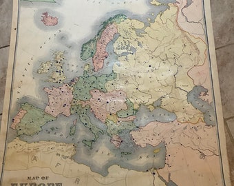 Antique, Map, Europe, 1887, Pull, Down, School, Map, Vintage, on, Rod, Original,