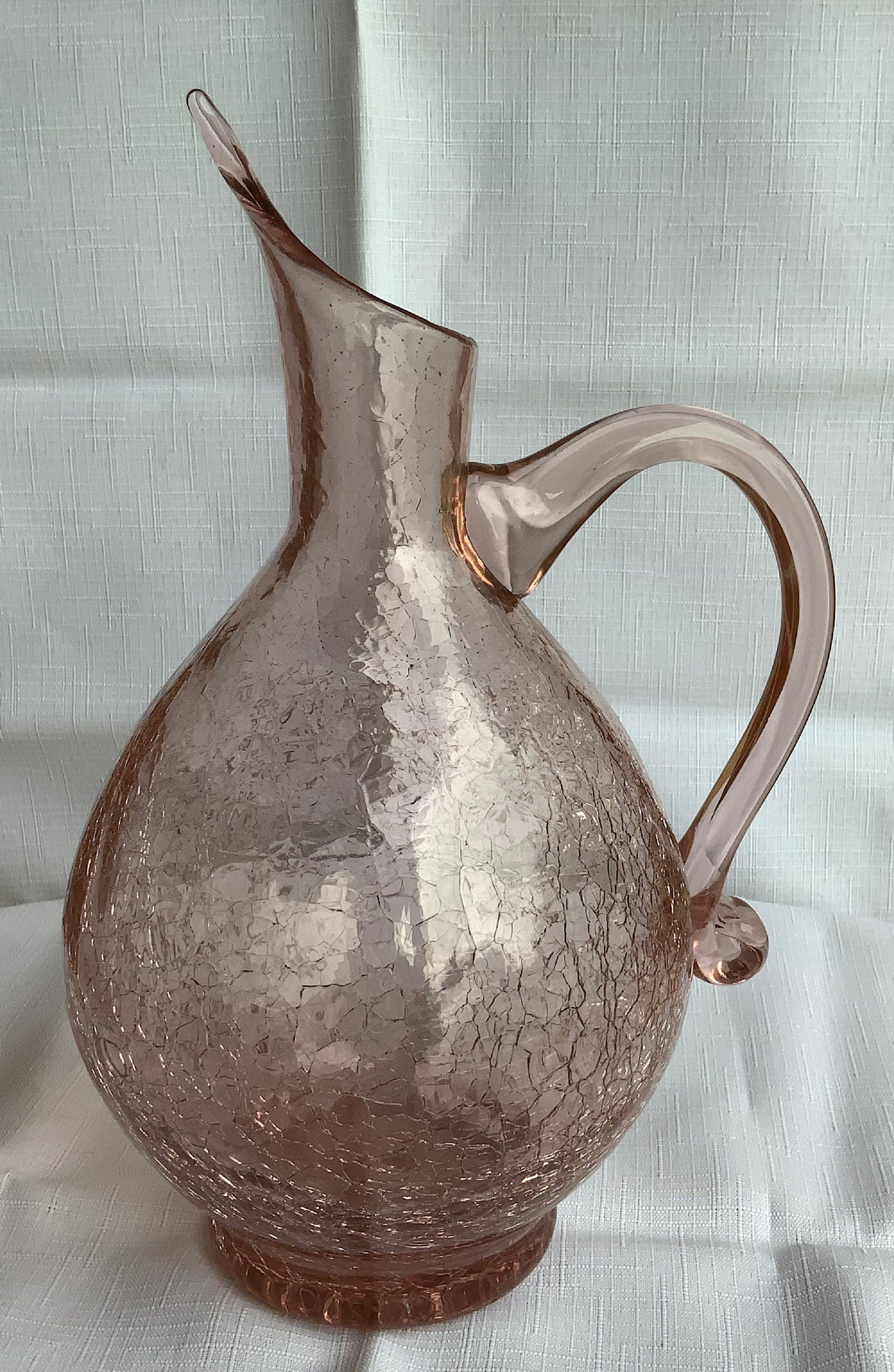 Pink Crackle Glass Pitcher Ewer MidCentury Vintage Etsy