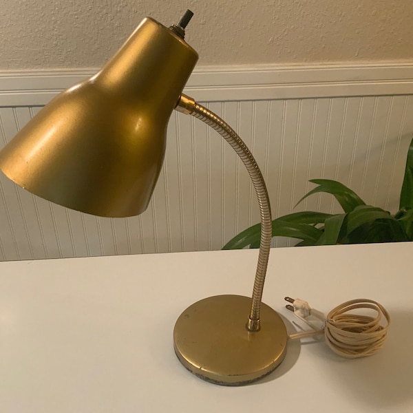 Vintage, Desk Lamp, Goose Neck, Cone, Gold, MCM, Mid-Century, Modern, Can, Hang, on, Wall, 1950's