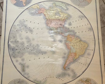 Antique, Map, Chart, 1903, Pull, Down, School, Vintage, on, Rod, Original, of, the, Western, Hemisphere