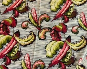 Vintage, Barkcloth, 1950&#39;s, Feathers, Yardage, Green, Red, Grey, VAT Print, Design, Duchess, NOS, New, Old, Stock, Sold by the Yard
