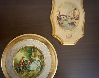 Italian, Florentine, Plaques, Wall, Hangings, Mid-Century, 1960's, Hollywood, Regency, Decor, Wood, Made, in, Italy, Vintage