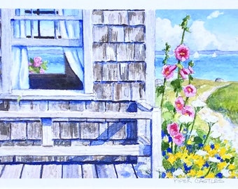 Maine Cottage Print, Maine Art, Watercolor, Maine Painting, Beach Cottage Art, Coastal Print, Hollyhock, Beach House, Monhegan, Maine Island