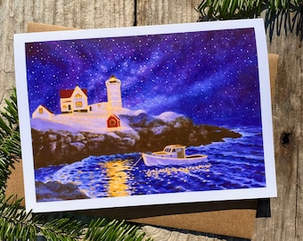 Nubble Lighthouse Christmas Card, 10 card Set, Coastal Holiday Card, Northern Lights, Maine lighthouse,  Holiday cards