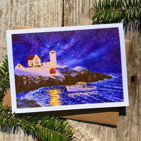 Nubble Lighthouse Christmas Card, 10 card Set, Coastal Holiday Card, Northern Lights, Maine lighthouse,  Holiday cards