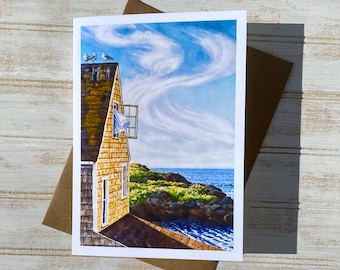 Maine Art Note Card, Monhegan Island House, Coastal Watercolor, Maine Painting, Maine Watercolor Card, Maine Islands, Seagulls Painting