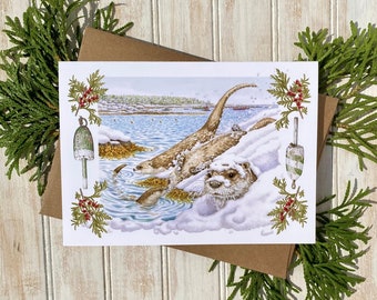 Otter Christmas Card, Holiday Animal Stationery, Wildlife Art, Coastal Painting, Watercolor, Otters Sledding, Holiday Greeting Card